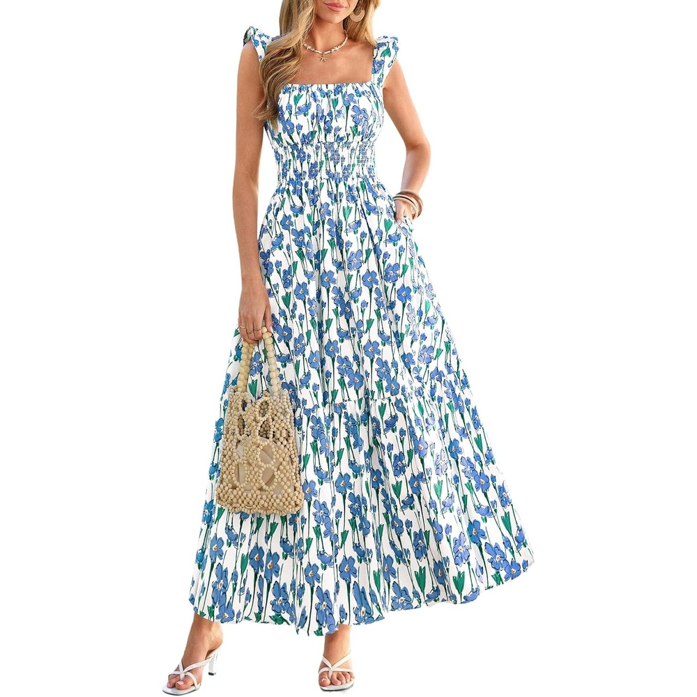 image:imagePRETTYGARDEN Floral Dress for Women Summer Boho Maxi Sundresses 2026 Smocked Long Flowy Spring Beach Wedding Guest DressesApricot Blue Green Floral