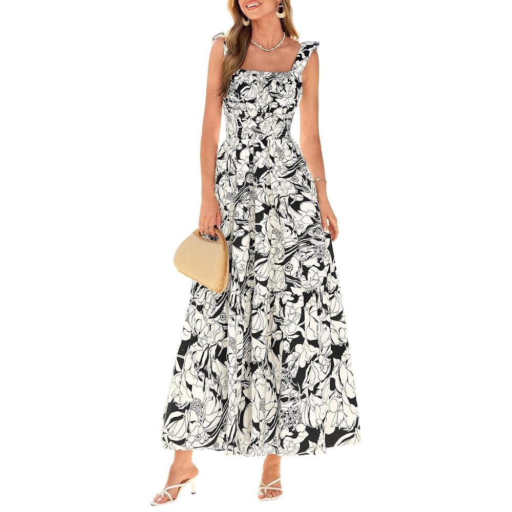 image:imagePRETTYGARDEN Floral Dress for Women Summer Boho Maxi Sundresses 2026 Smocked Long Flowy Spring Beach Wedding Guest DressesBlack White Floral