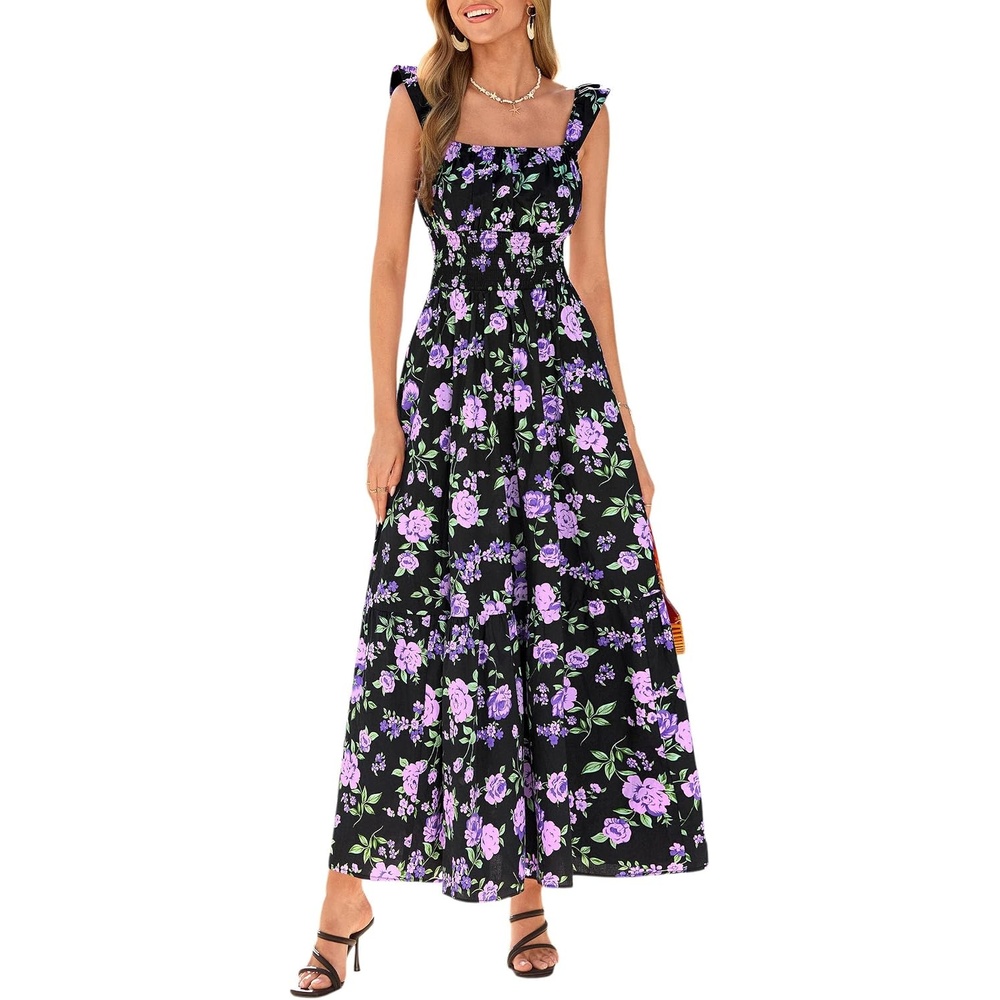 image:imagePRETTYGARDEN Floral Dress for Women Summer Boho Maxi Sundresses 2026 Smocked Long Flowy Spring Beach Wedding Guest DressesDark Blue Purple Floral