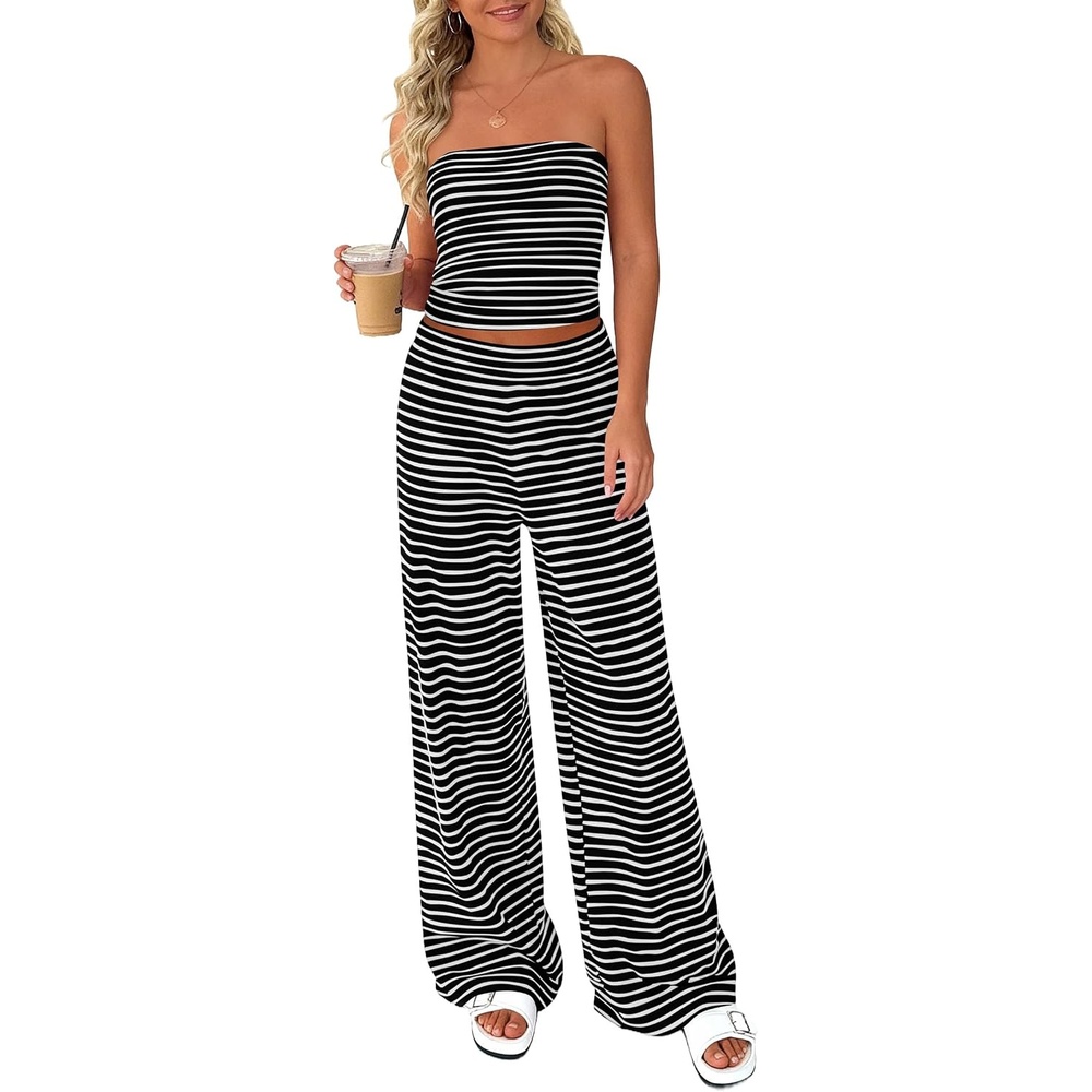 image:imagePRETTYGARDEN Two Piece Striped Sets for Women Summer Travel Outfits 2026 Spring Y2K Going Out Vacation Clothes LoungewearBlack White