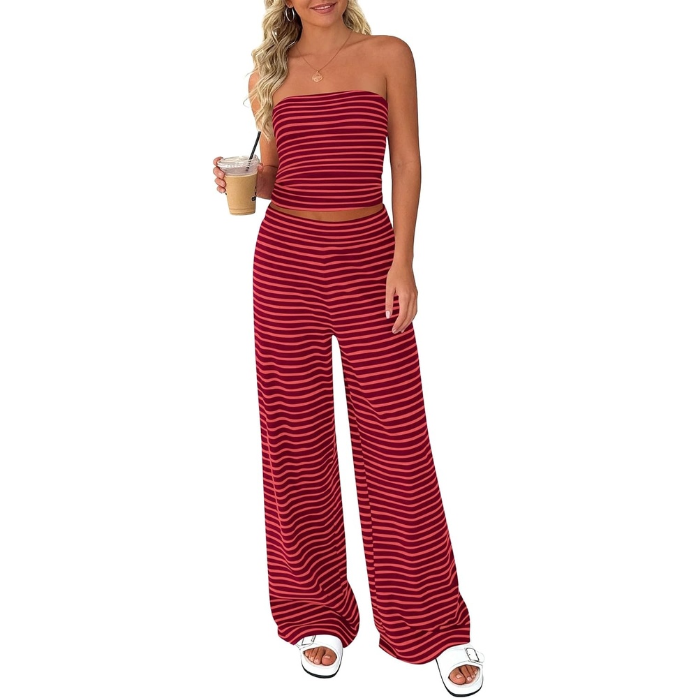 image:imagePRETTYGARDEN Two Piece Striped Sets for Women Summer Travel Outfits 2026 Spring Y2K Going Out Vacation Clothes LoungewearBurgundy Pink