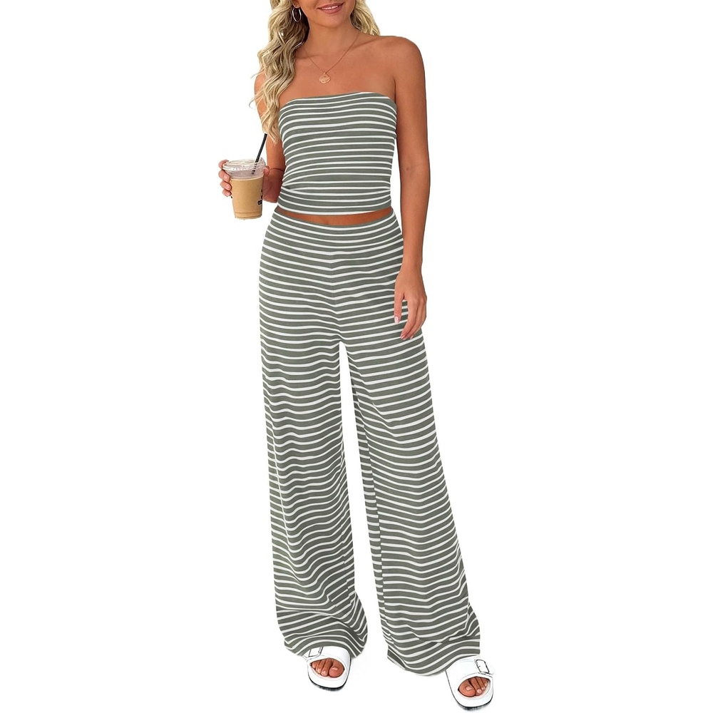image:imagePRETTYGARDEN Two Piece Striped Sets for Women Summer Travel Outfits 2026 Spring Y2K Going Out Vacation Clothes LoungewearGreen White