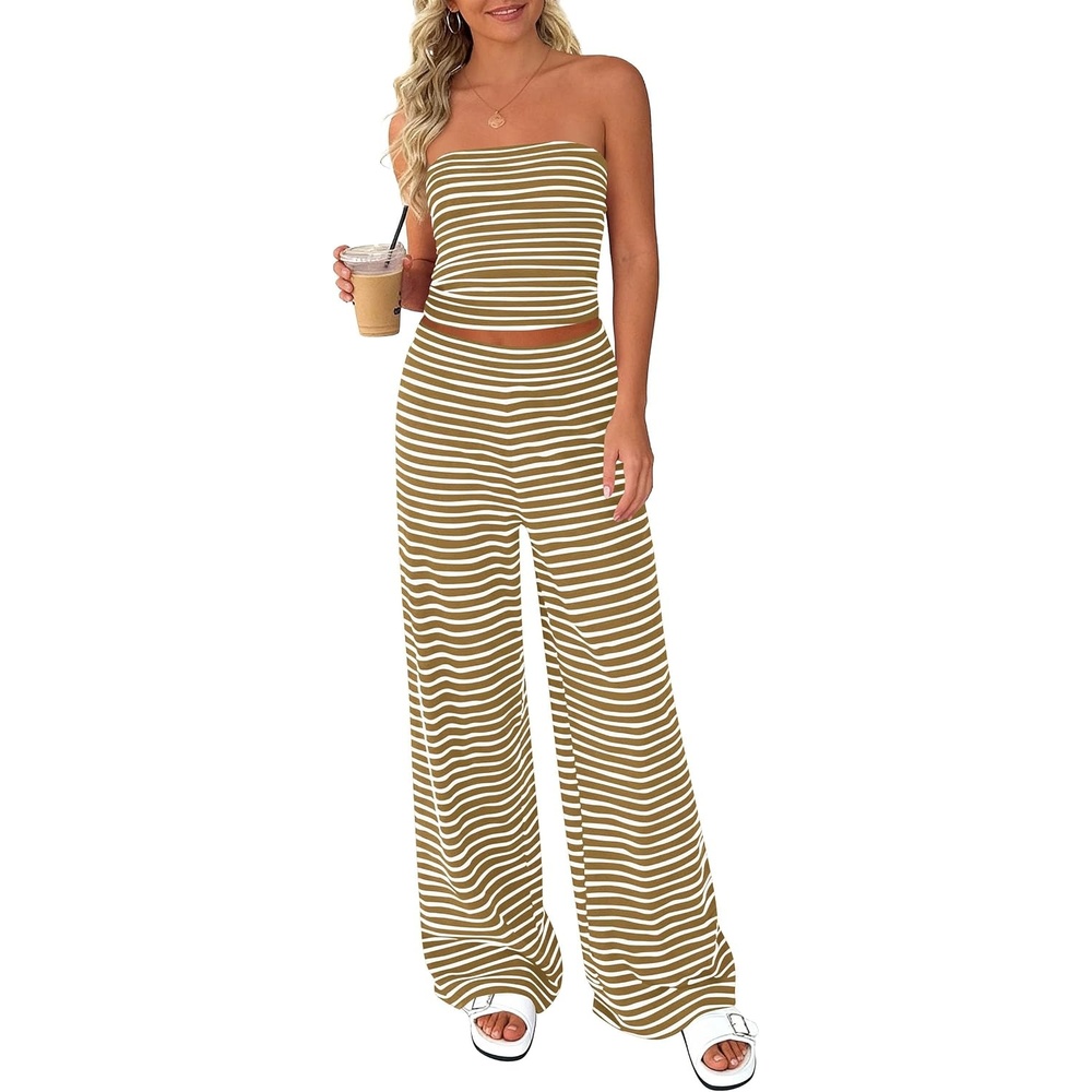 image:imagePRETTYGARDEN Two Piece Striped Sets for Women Summer Travel Outfits 2026 Spring Y2K Going Out Vacation Clothes LoungewearYellowish Brown White