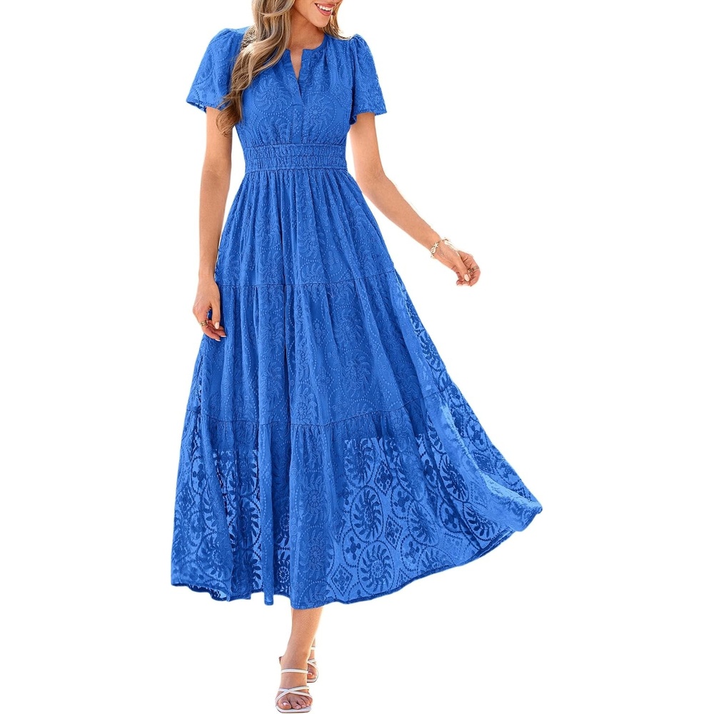 image:imagePRETTYGARDEN Womens Maxi Dress 2026 Floral Summer Spring Embroidered Boho Short Sleeve V Neck A Line Wedding Guest DressesRoyal Blue