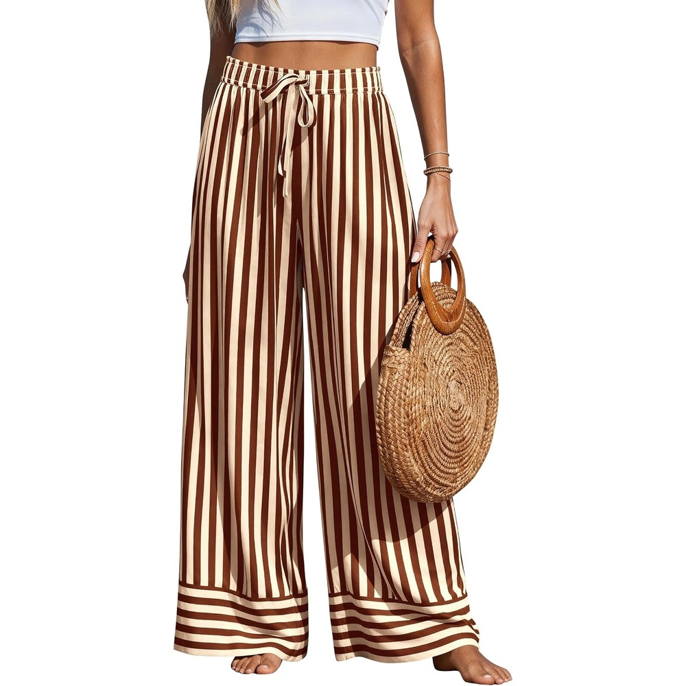image:imagePRETTYGARDEN Womens Palazzo Pants 2026 Summer Striped Satin Wide Leg High Waisted Flowy Lounge Trousers PocketsStriped Apricot Red Brown