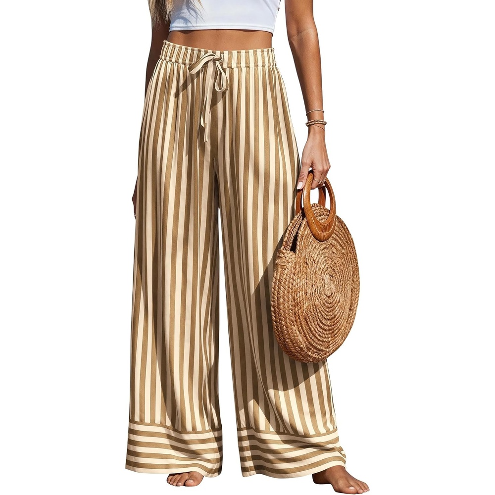 image:imagePRETTYGARDEN Womens Palazzo Pants 2026 Summer Striped Satin Wide Leg High Waisted Flowy Lounge Trousers PocketsStriped Khaki