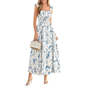 PRETTYGARDEN Floral Dress for Women Summer Boho Maxi Sundresses 2026 Smocked Long Flowy Spring Beach Wedding Guest Dresses(Apricot Blue Floral)