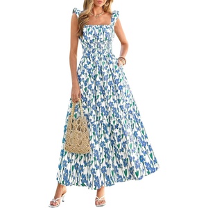 PRETTYGARDEN Floral Dress for Women Summer Boho Maxi Sundresses 2026 Smocked Long Flowy Spring Beach Wedding Guest Dresses(Apricot Blue Green Floral)