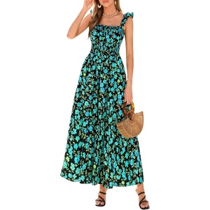 PRETTYGARDEN Floral Dress for Women Summer Boho Maxi Sundresses 2026 Smocked Long Flowy Spring Beach Wedding Guest Dresses(Black Green Floral)