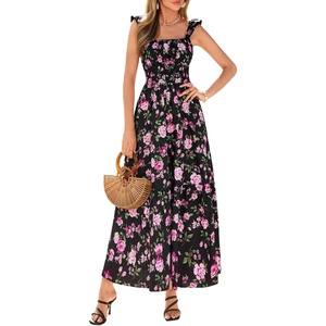 PRETTYGARDEN Floral Dress for Women Summer Boho Maxi Sundresses 2026 Smocked Long Flowy Spring Beach Wedding Guest Dresses(Black Red Floral)