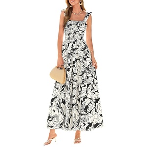 PRETTYGARDEN Floral Dress for Women Summer Boho Maxi Sundresses 2026 Smocked Long Flowy Spring Beach Wedding Guest Dresses(Black White Floral)