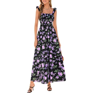 PRETTYGARDEN Floral Dress for Women Summer Boho Maxi Sundresses 2026 Smocked Long Flowy Spring Beach Wedding Guest Dresses(Dark Blue Purple Floral)
