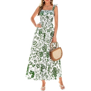 PRETTYGARDEN Floral Dress for Women Summer Boho Maxi Sundresses 2026 Smocked Long Flowy Spring Beach Wedding Guest Dresses(White Green Floral)
