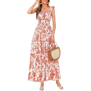 PRETTYGARDEN Floral Dress for Women Summer Boho Maxi Sundresses 2026 Smocked Long Flowy Spring Beach Wedding Guest Dresses(White Red Floral)