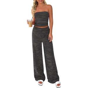 PRETTYGARDEN Two Piece Striped Sets for Women Summer Travel Outfits 2026 Spring Y2K Going Out Vacation Clothes Loungewear(Black Dark Grey)