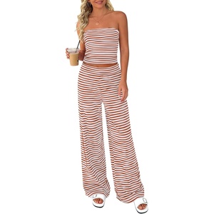 PRETTYGARDEN Two Piece Striped Sets for Women Summer Travel Outfits 2026 Spring Y2K Going Out Vacation Clothes Loungewear(Brick Red)