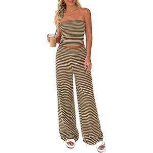 PRETTYGARDEN Two Piece Striped Sets for Women Summer Travel Outfits 2026 Spring Y2K Going Out Vacation Clothes Loungewear(Brown White)