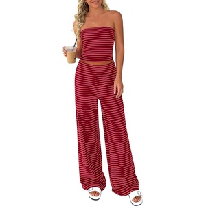 PRETTYGARDEN Two Piece Striped Sets for Women Summer Travel Outfits 2026 Spring Y2K Going Out Vacation Clothes Loungewear(Burgundy Pink)