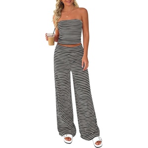 PRETTYGARDEN Two Piece Striped Sets for Women Summer Travel Outfits 2026 Spring Y2K Going Out Vacation Clothes Loungewear(Grey Black)