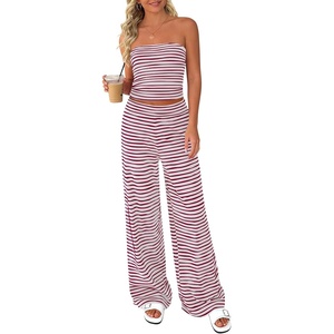 PRETTYGARDEN Two Piece Striped Sets for Women Summer Travel Outfits 2026 Spring Y2K Going Out Vacation Clothes Loungewear(Grey Burgundy)