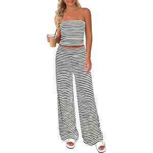 PRETTYGARDEN Two Piece Striped Sets for Women Summer Travel Outfits 2026 Spring Y2K Going Out Vacation Clothes Loungewear(Light Grey Black)