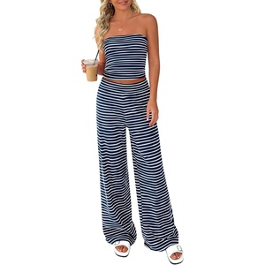 PRETTYGARDEN Two Piece Striped Sets for Women Summer Travel Outfits 2026 Spring Y2K Going Out Vacation Clothes Loungewear(Navy Blue White)