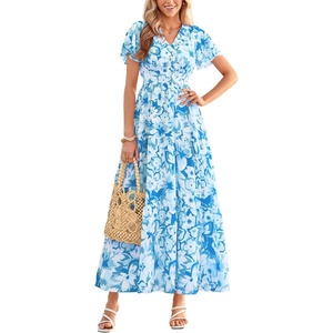 PRETTYGARDEN Women Summer Maxi Dresses 2026 Short Sleeve V Neck Button Floral Tiered Flowy Boho Sundress Beach Outfits(Blue Floral)