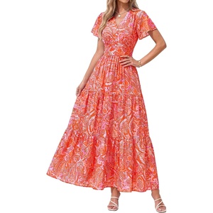 PRETTYGARDEN Women Summer Maxi Dresses 2026 Short Sleeve V Neck Button Floral Tiered Flowy Boho Sundress Beach Outfits(Floral Orange Red)