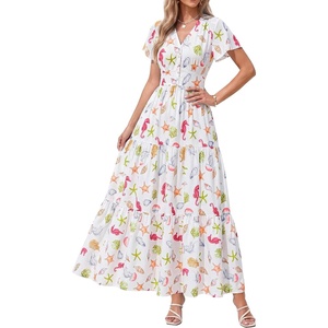 PRETTYGARDEN Women Summer Maxi Dresses 2026 Short Sleeve V Neck Button Floral Tiered Flowy Boho Sundress Beach Outfits(Floral White Multicolored)