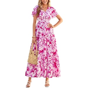 PRETTYGARDEN Women Summer Maxi Dresses 2026 Short Sleeve V Neck Button Floral Tiered Flowy Boho Sundress Beach Outfits(Floral White Rose Red)