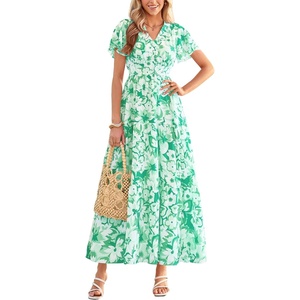 PRETTYGARDEN Women Summer Maxi Dresses 2026 Short Sleeve V Neck Button Floral Tiered Flowy Boho Sundress Beach Outfits(Green Floral)