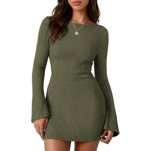 PRETTYGARDEN Womens Fall Bell Long Sleeve Mini Dress 2026 Casual Boat Neck Ribbed Bodycon Short Party Cocktail Dresses(Army Green)
