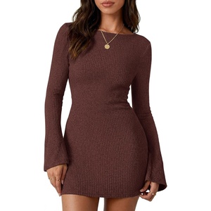 PRETTYGARDEN Womens Fall Bell Long Sleeve Mini Dress 2026 Casual Boat Neck Ribbed Bodycon Short Party Cocktail Dresses(Brown)