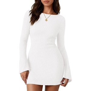 PRETTYGARDEN Womens Fall Bell Long Sleeve Mini Dress 2026 Casual Boat Neck Ribbed Bodycon Short Party Cocktail Dresses(White)