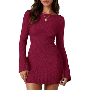 PRETTYGARDEN Womens Fall Bell Long Sleeve Mini Dress 2026 Casual Boat Neck Ribbed Bodycon Short Party Cocktail Dresses(Wine Red)