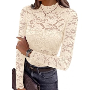 PRETTYGARDEN Womens Lace Long Sleeve Top Mesh Sheer Blouses Mock Neck See Through Slim Fitted Tops 2026 Fall Fashion Clothes(Apricot)