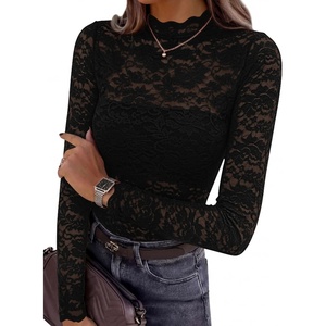 PRETTYGARDEN Womens Lace Long Sleeve Top Mesh Sheer Blouses Mock Neck See Through Slim Fitted Tops 2026 Fall Fashion Clothes(Black)