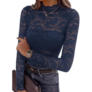 PRETTYGARDEN Womens Lace Long Sleeve Top Mesh Sheer Blouses Mock Neck See Through Slim Fitted Tops 2026 Fall Fashion Clothes(Navy Blue)