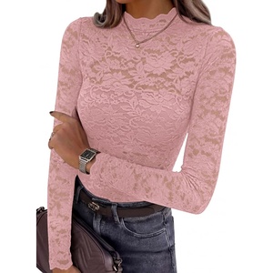 PRETTYGARDEN Womens Lace Long Sleeve Top Mesh Sheer Blouses Mock Neck See Through Slim Fitted Tops 2026 Fall Fashion Clothes(Pink)