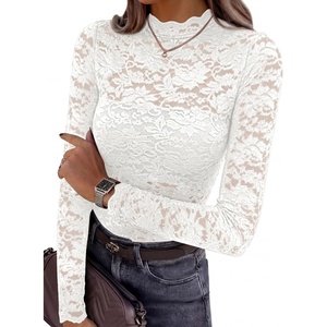 PRETTYGARDEN Womens Lace Long Sleeve Top Mesh Sheer Blouses Mock Neck See Through Slim Fitted Tops 2026 Fall Fashion Clothes(White)