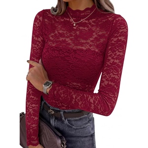 PRETTYGARDEN Womens Lace Long Sleeve Top Mesh Sheer Blouses Mock Neck See Through Slim Fitted Tops 2026 Fall Fashion Clothes(Wine Red)