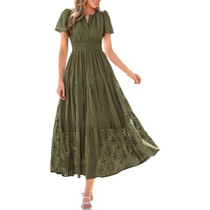 PRETTYGARDEN Womens Maxi Dress 2026 Floral Summer Spring Embroidered Boho Short Sleeve V Neck A Line Wedding Guest Dresses(Army Green)