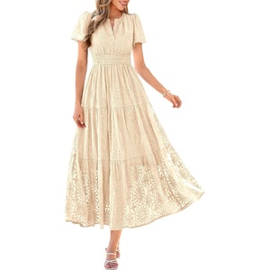 PRETTYGARDEN Womens Maxi Dress 2026 Floral Summer Spring Embroidered Boho Short Sleeve V Neck A Line Wedding Guest Dresses(Beige)