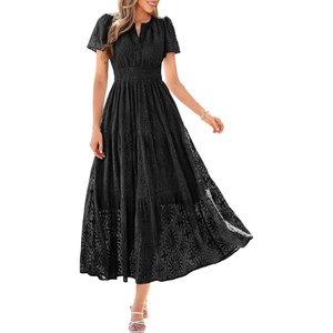 PRETTYGARDEN Womens Maxi Dress 2026 Floral Summer Spring Embroidered Boho Short Sleeve V Neck A Line Wedding Guest Dresses(Black)