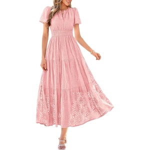 PRETTYGARDEN Womens Maxi Dress 2026 Floral Summer Spring Embroidered Boho Short Sleeve V Neck A Line Wedding Guest Dresses(Pink)