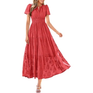 PRETTYGARDEN Womens Maxi Dress 2026 Floral Summer Spring Embroidered Boho Short Sleeve V Neck A Line Wedding Guest Dresses(Red)