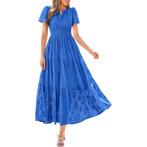 PRETTYGARDEN Womens Maxi Dress 2026 Floral Summer Spring Embroidered Boho Short Sleeve V Neck A Line Wedding Guest Dresses(Royal Blue)