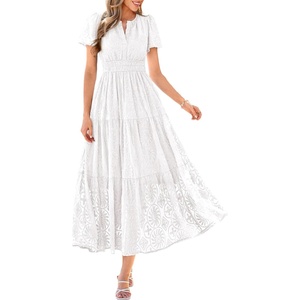 PRETTYGARDEN Womens Maxi Dress 2026 Floral Summer Spring Embroidered Boho Short Sleeve V Neck A Line Wedding Guest Dresses(White)