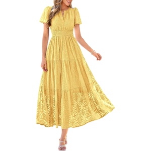PRETTYGARDEN Womens Maxi Dress 2026 Floral Summer Spring Embroidered Boho Short Sleeve V Neck A Line Wedding Guest Dresses(Yellow)