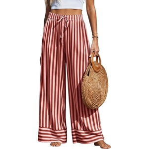 PRETTYGARDEN Women’s Palazzo Pants 2026 Summer Striped Satin Wide Leg High Waisted Flowy Lounge Trousers Pockets(Striped Brick Red)